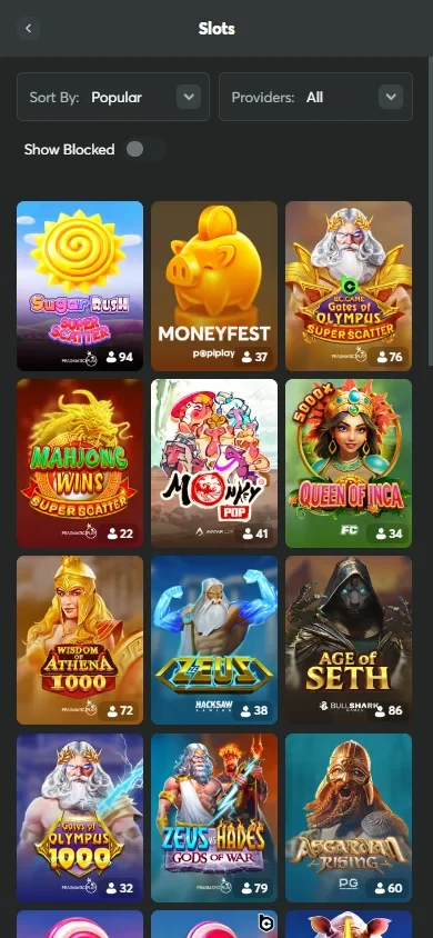 BC.Game games list on a phone