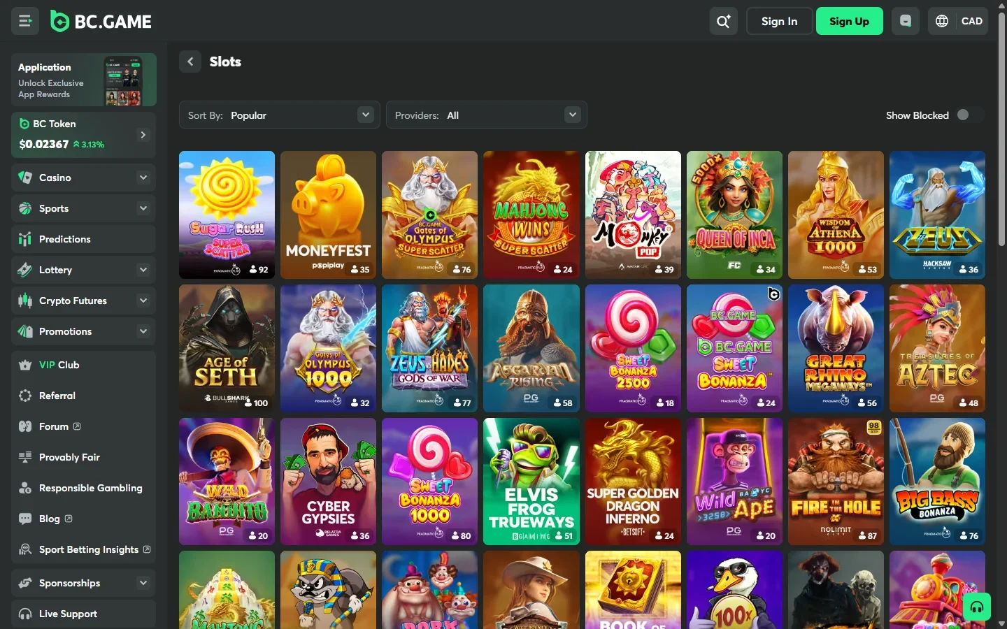 BC.Game slots lobby with game tiles and category filters