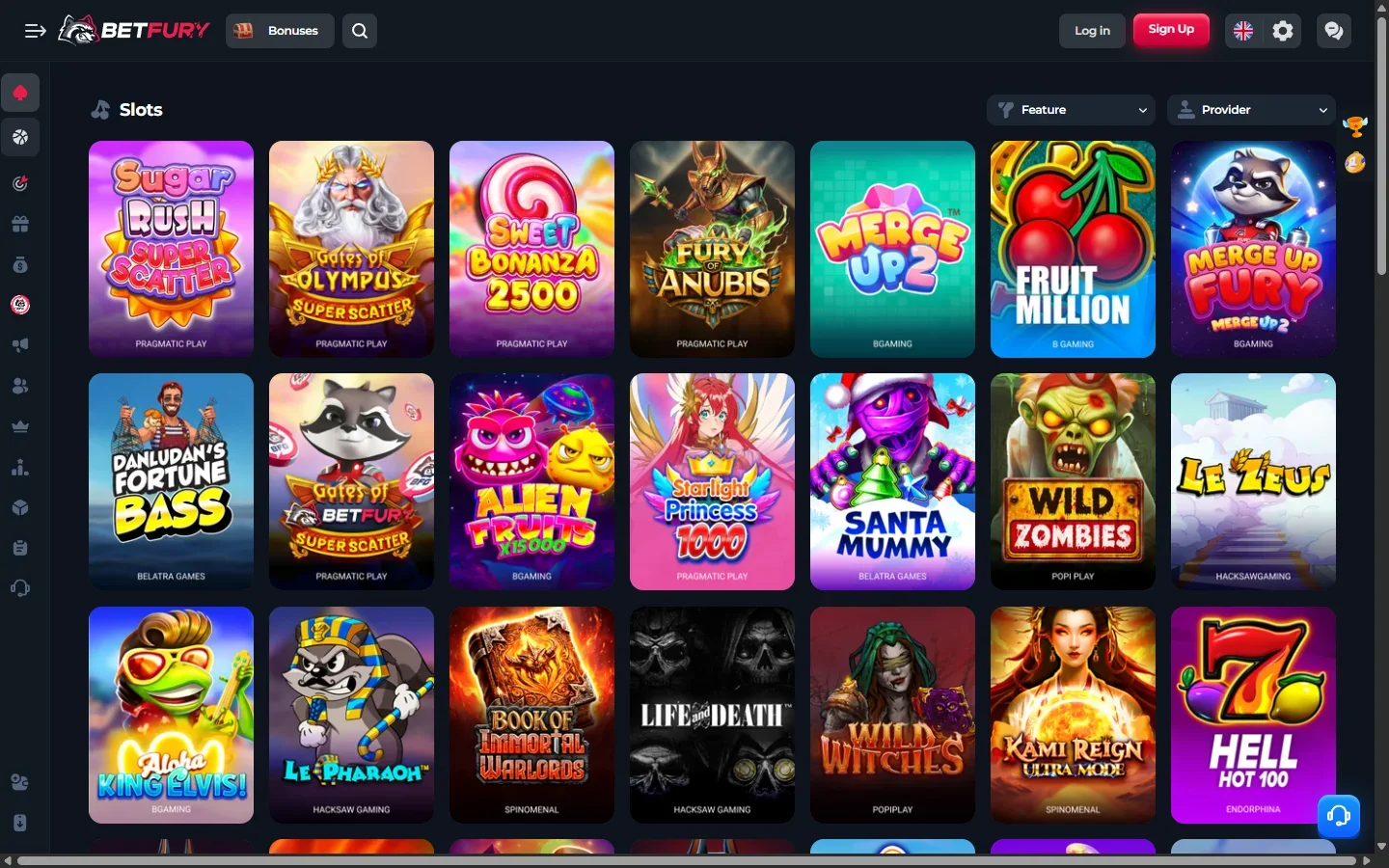 BetFury games lobby showing slot tiles and category filters