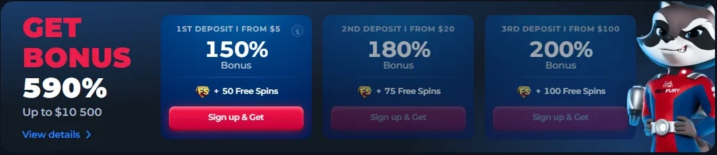 BetFury welcome bonus ladder showing 150 percent, 180 percent and 200 percent across three deposits