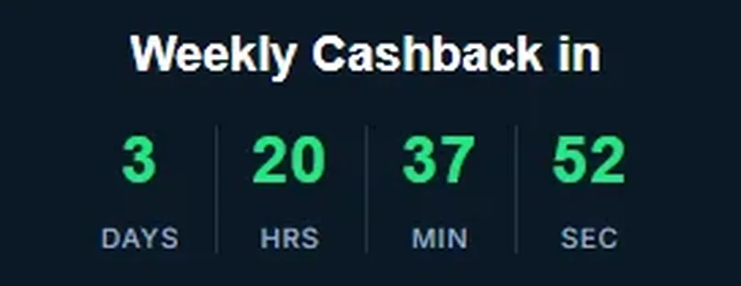 Betpanda home page sidebar counting down days, hours, minutes and seconds to the next weekly cashback payout