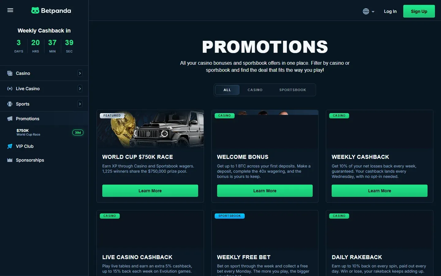 Betpanda promotions page on desktop with cashback, rakeback and race offers