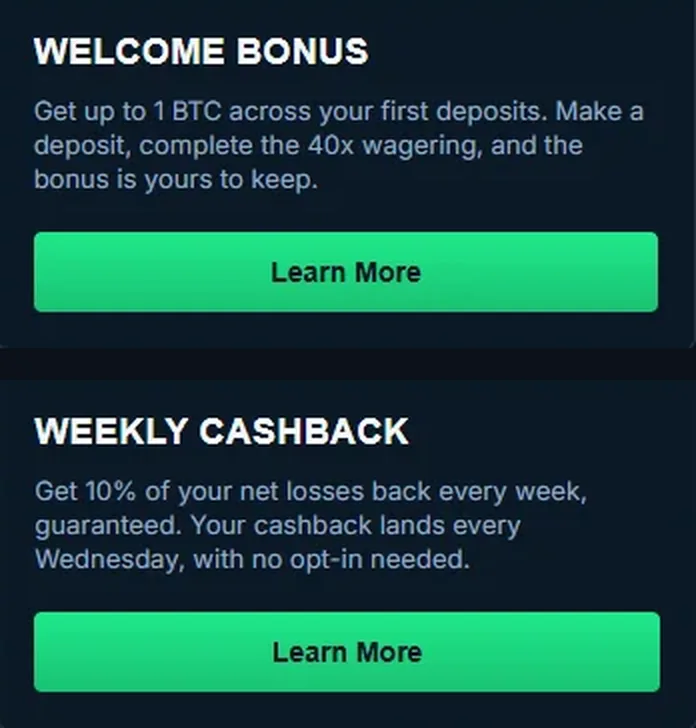 Betpanda welcome bonus and weekly cashback promotion cards