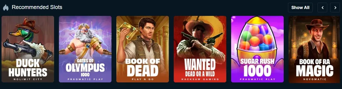 Betpanda recommended slots shelf showing games from NoLimit City, Pragmatic Play, Play n GO, Hacksaw Gaming and Novomatic