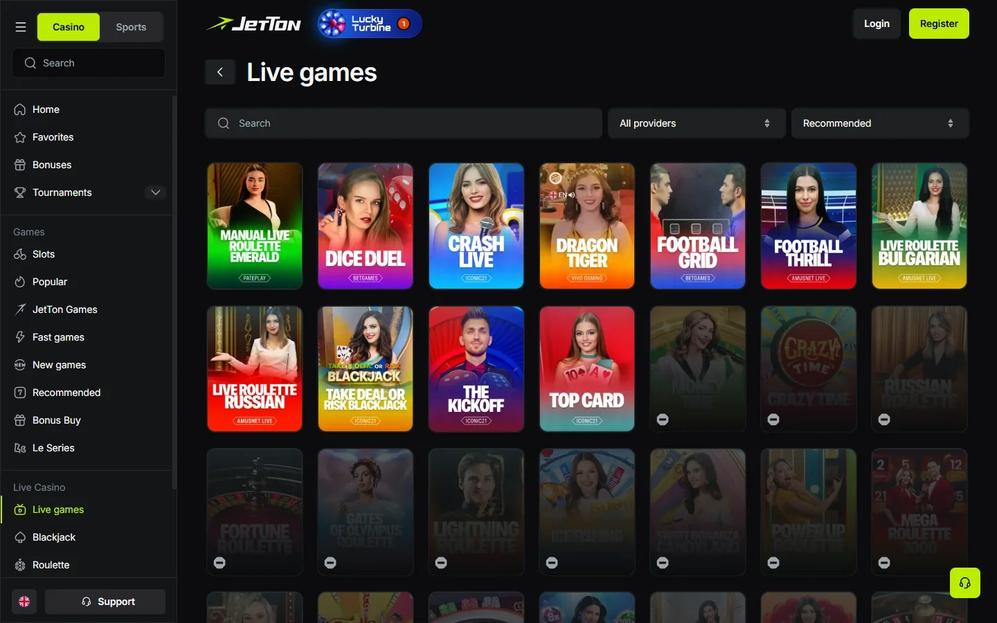JetTon live dealer lobby with roulette, blackjack and game show tables