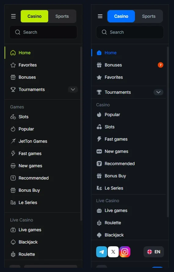 JetTon and Tonplay lobby sidebars side by side showing identical category names and icons