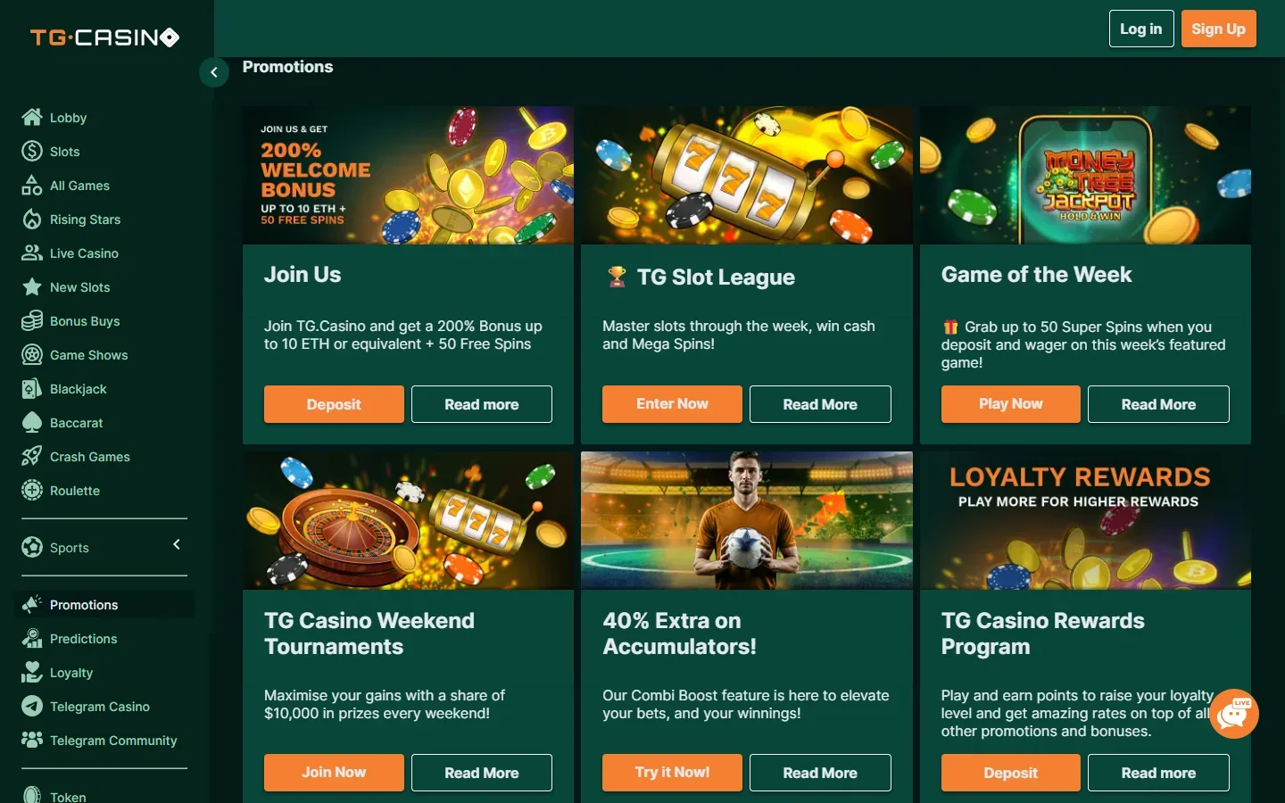TG.Casino promotions page showing the welcome bonus, slot league, game of the week and weekend tournaments