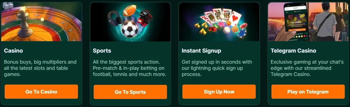 TG.Casino home page product cards for Casino, Sports, Instant Signup and Telegram Casino