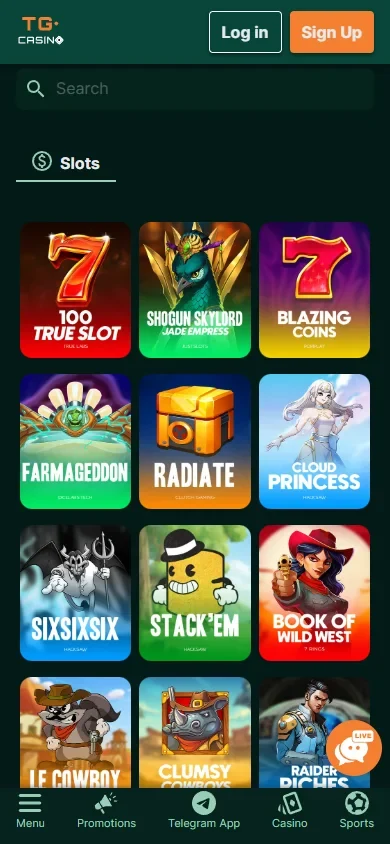 TG.Casino games list on a phone