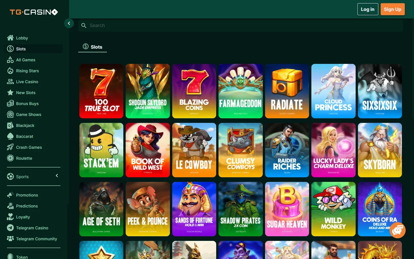 TG.Casino slots lobby showing game tiles and provider names