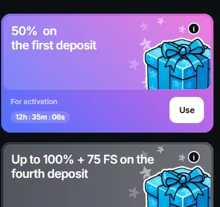 Tonplay deposit bonus cards: 50 percent on the first deposit with an activation countdown, and up to 100 percent plus 75 free spins on the fourth