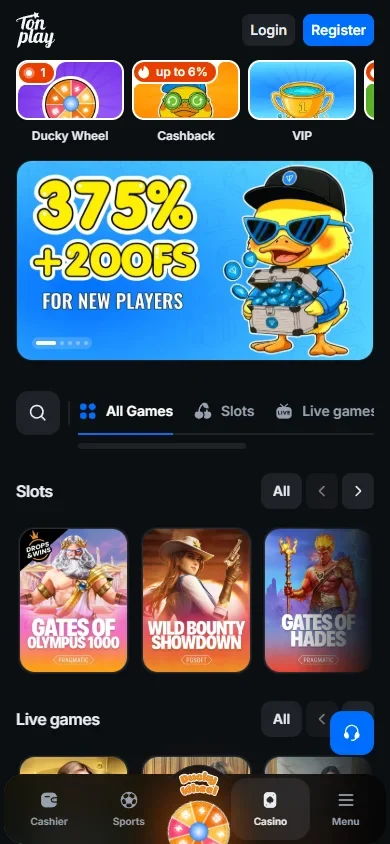 Tonplay home screen on a phone advertising 375 percent plus 200 free spins for new players