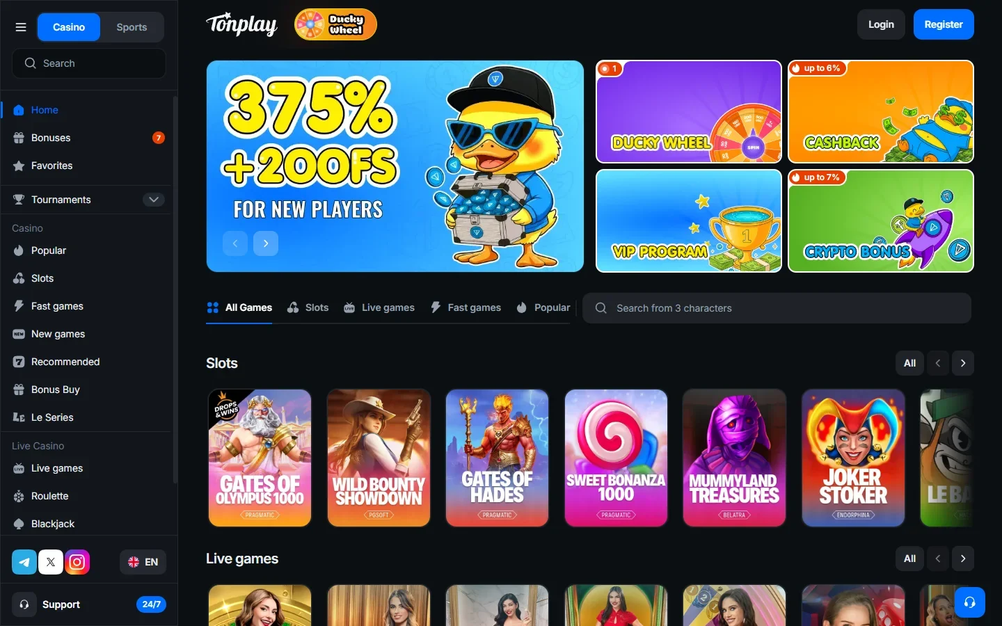 Tonplay casino lobby on desktop showing game categories and the live bets ticker