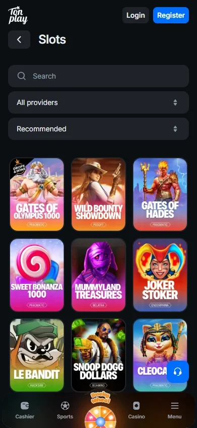 Tonplay slots list on a phone with a provider filter and game tiles