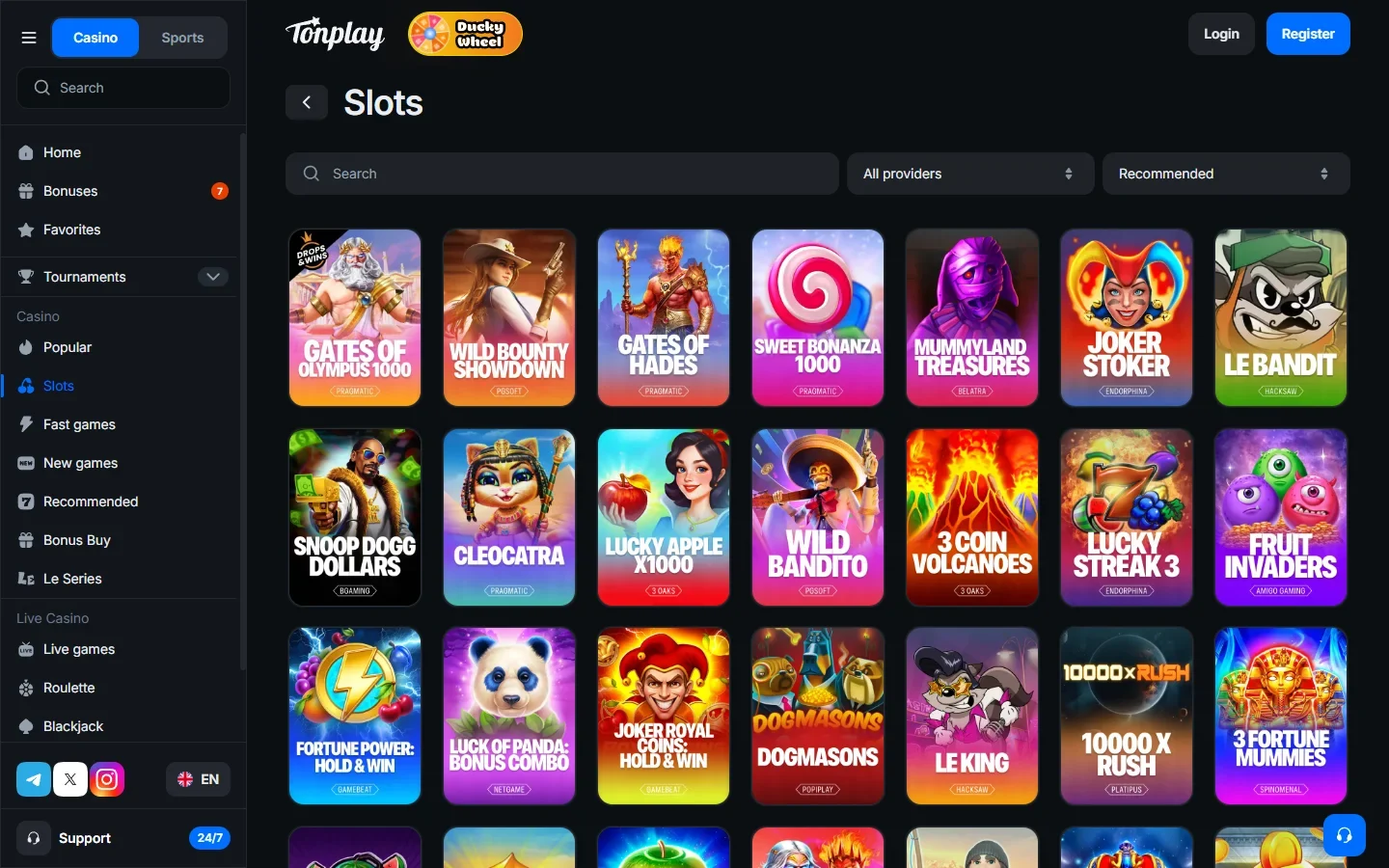 Tonplay slots category page showing the game grid and provider filters