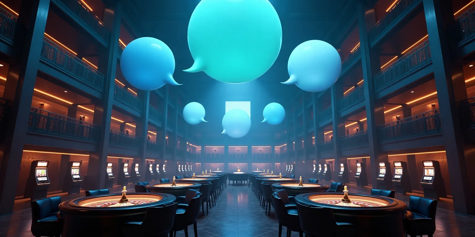 Best Telegram casinos: a dark casino hall with glowing azure chat bubbles floating above the tables