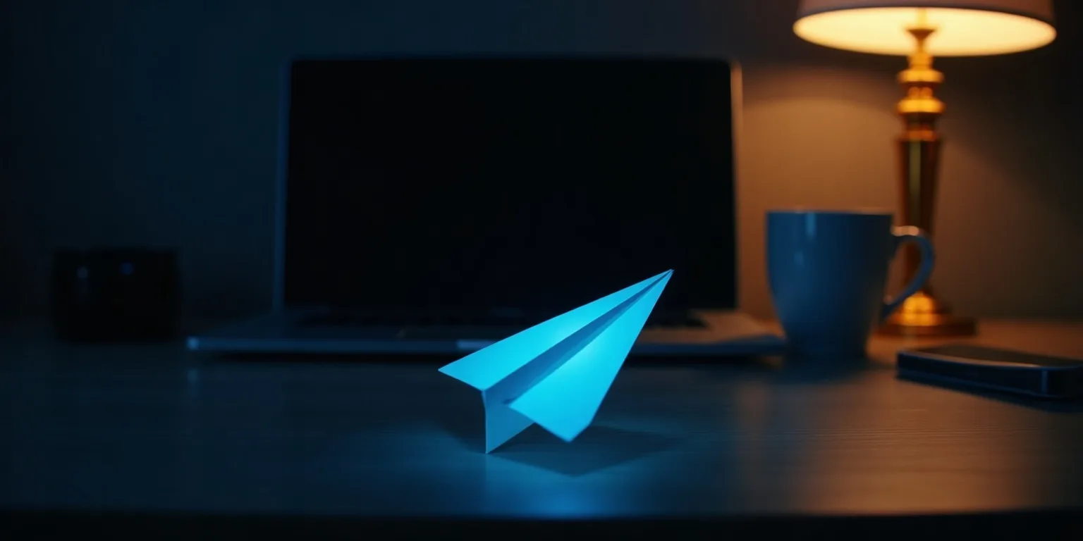 Contact coinreelz: a glowing azure paper plane on a dark desk beside a laptop