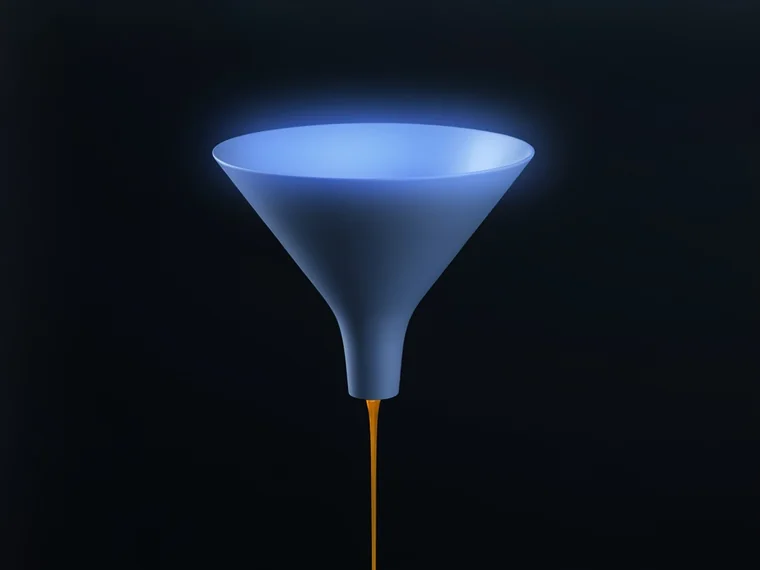 Diagram of a wide funnel narrowing to a thin stream