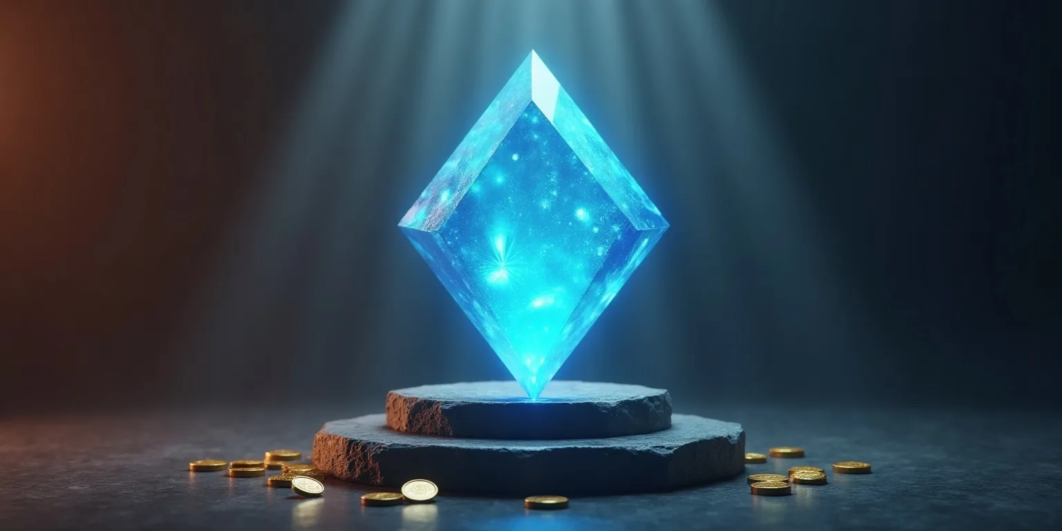 How to buy Toncoin: a glowing blue diamond-shaped coin on a pedestal among gold coins