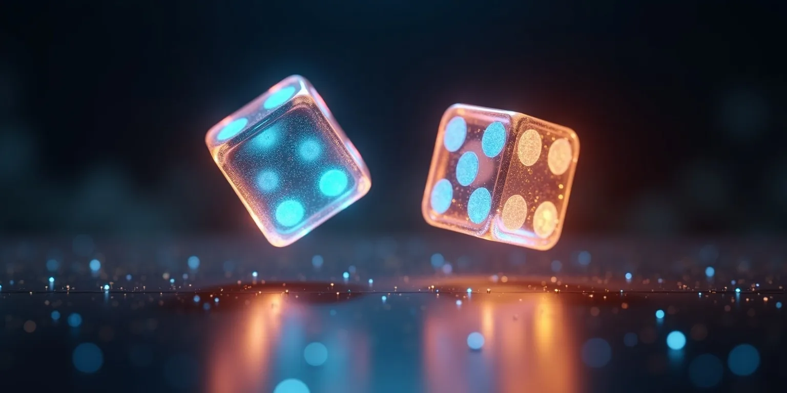 Provably fair explained: translucent glowing dice suspended inside a lattice of azure light