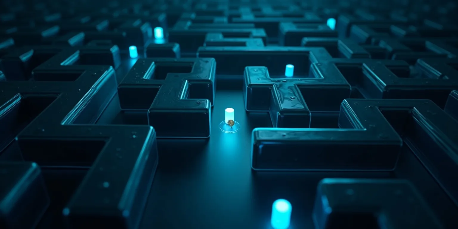 Wagering requirements explained: a coin working through a dark glass maze with glowing checkpoints