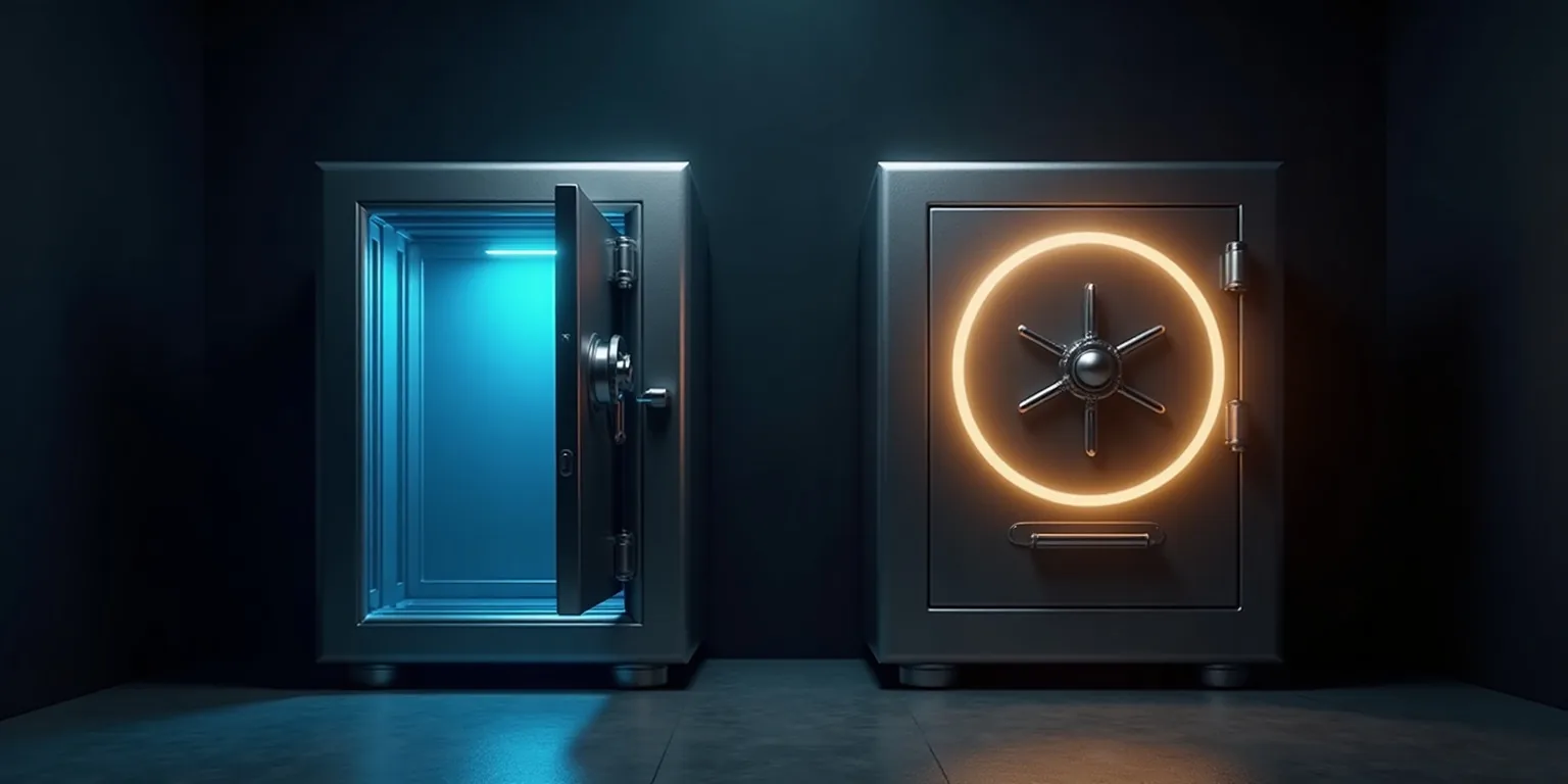 TON wallets compared: a modern glowing azure safe open beside a closed classic steel safe