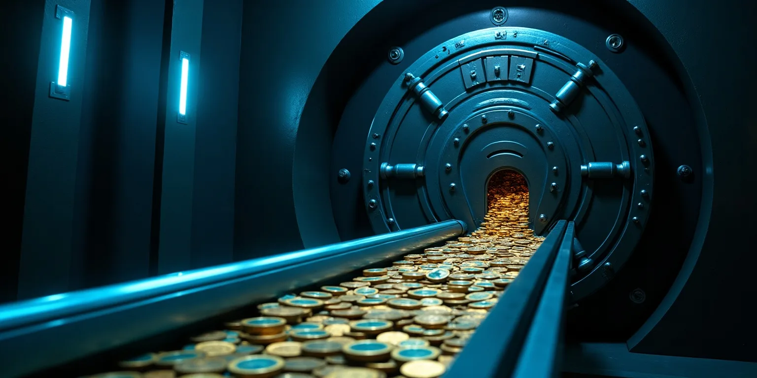How to withdraw from a Telegram casino: a vault door open with coins streaming out along a lit rail