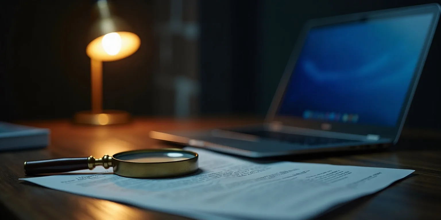 How we review: a brass magnifying glass on printed casino terms beside a glowing laptop