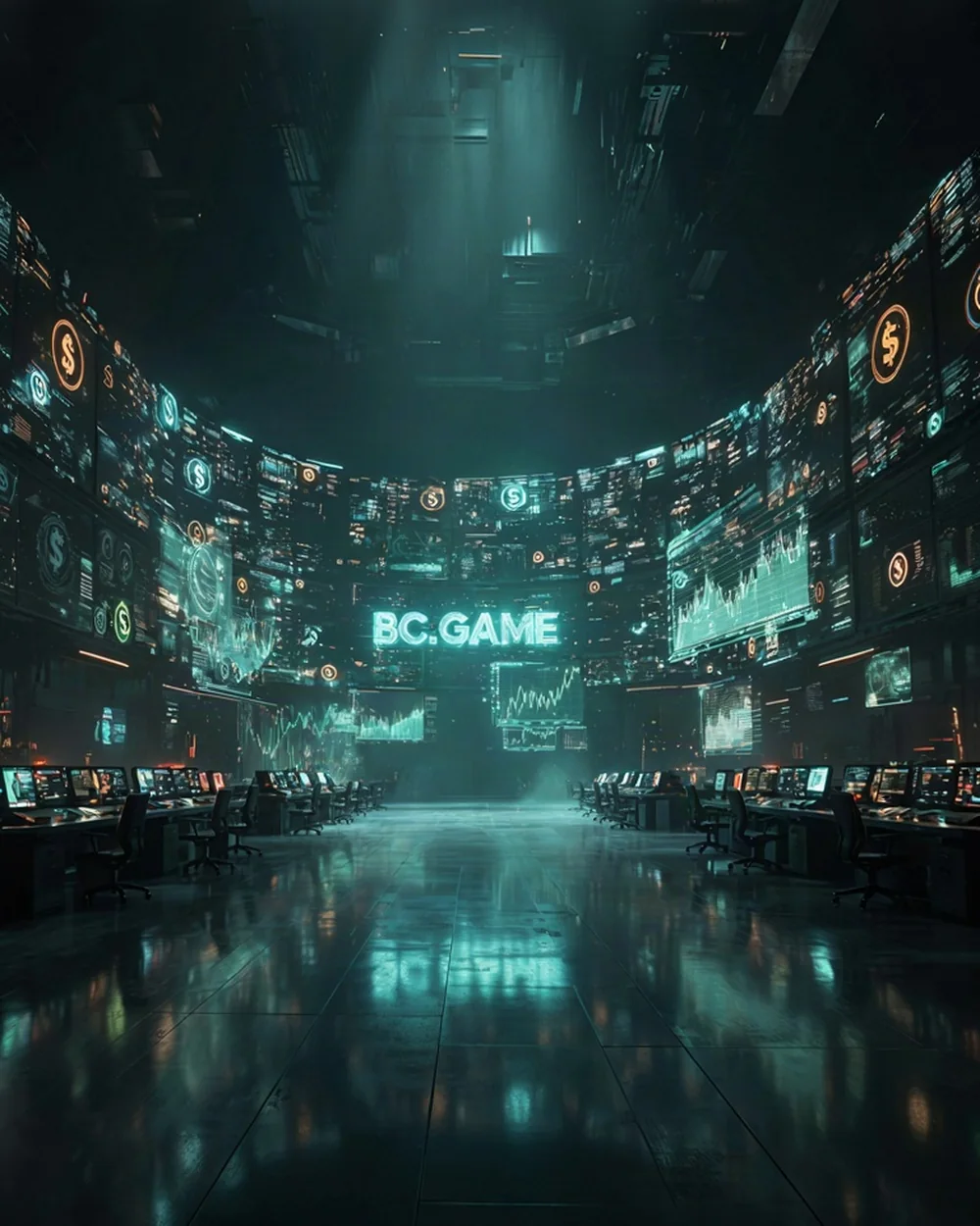 Control room walled with glowing screens under a BC.Game sign