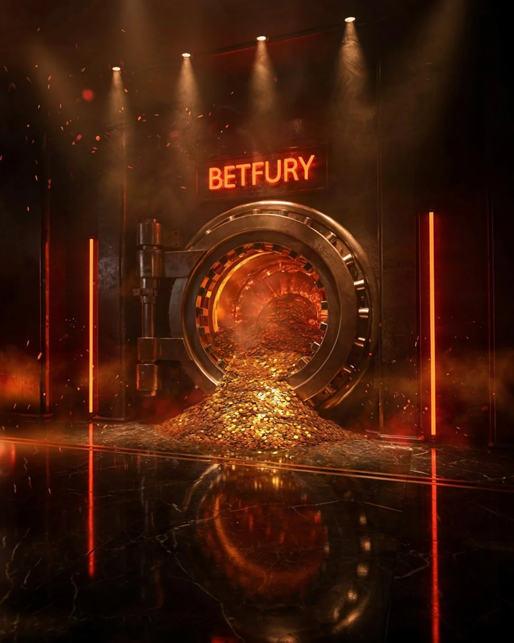 Open steel vault door pouring gold coins under a BetFury sign