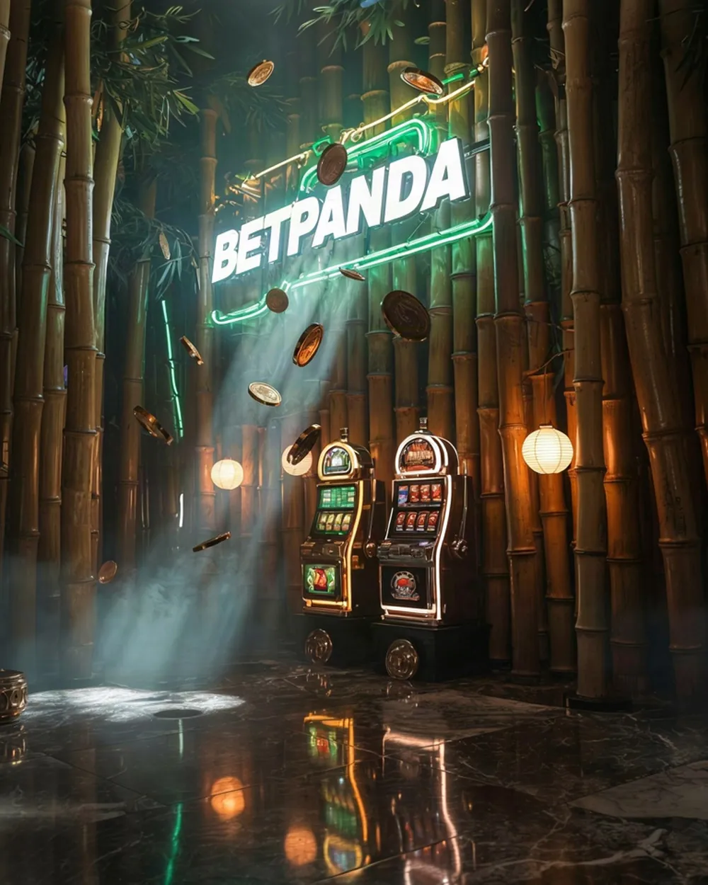 Slot machines among giant bamboo under a Betpanda neon sign