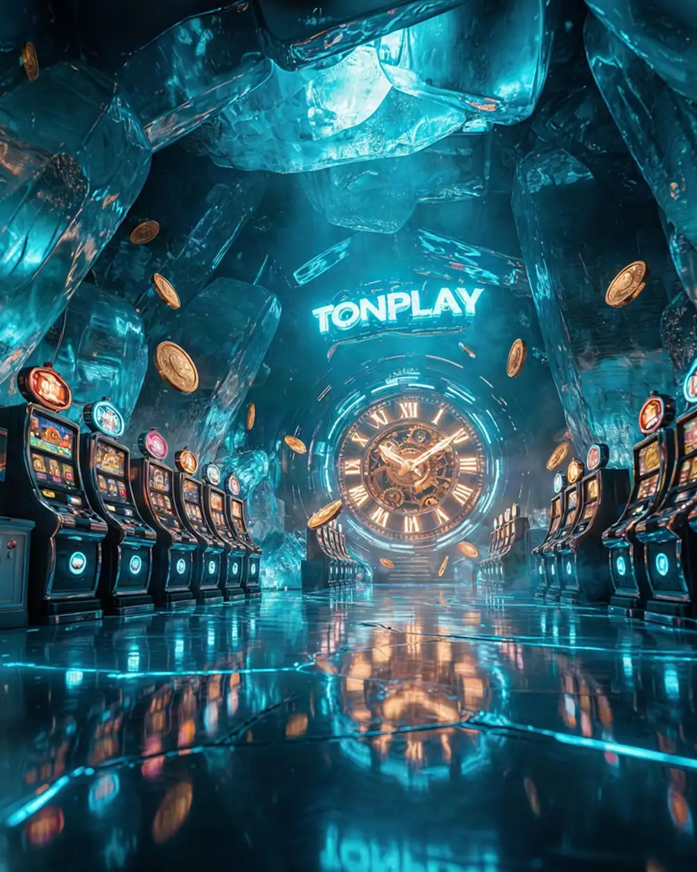 Blue crystal casino hall with a giant clock face and a Tonplay neon sign