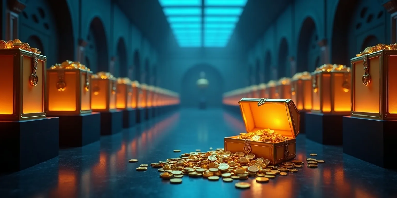 Telegram casino bonus vault: glowing gift crates on pedestals in a dark casino hall